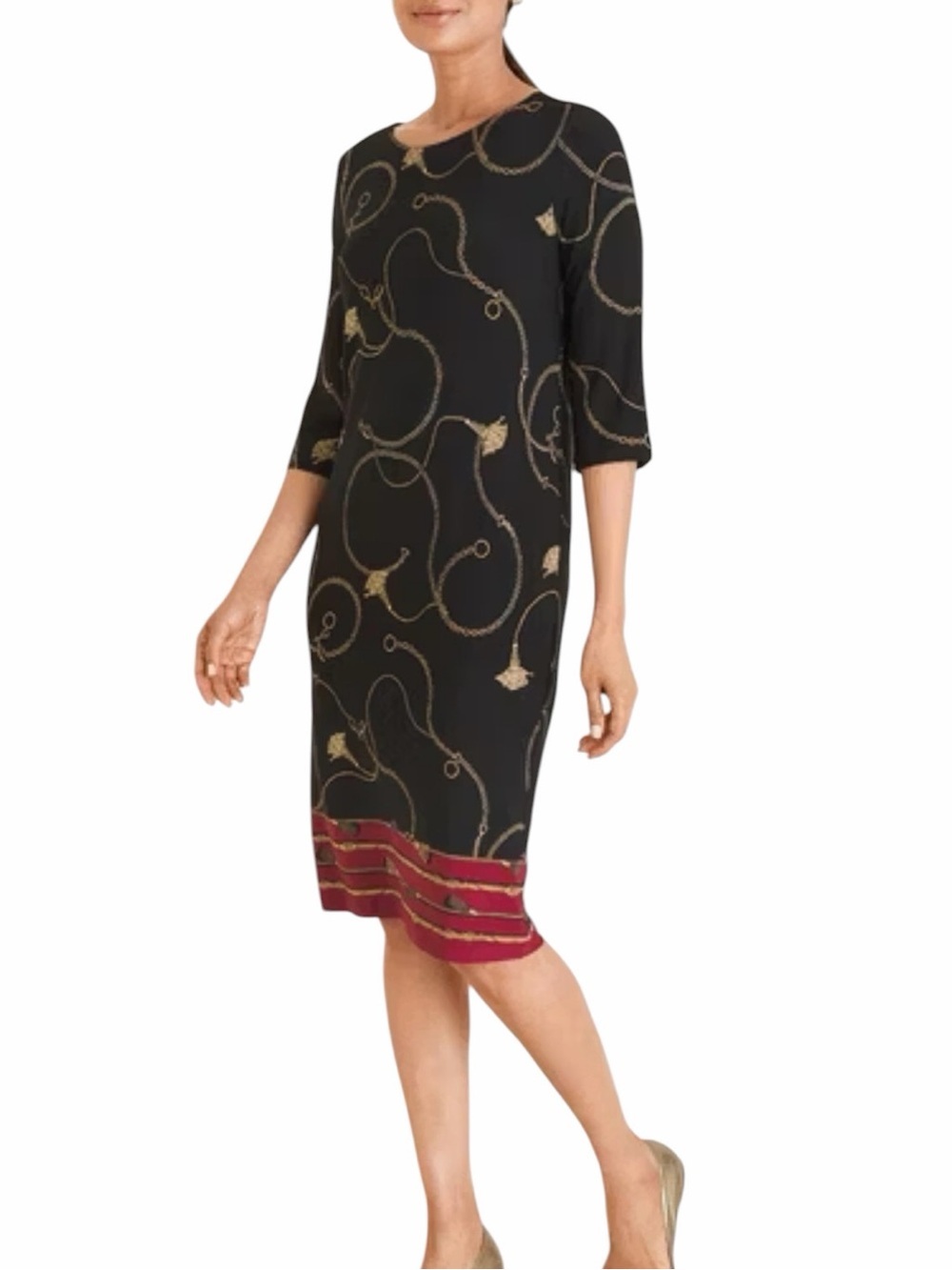 Chico’s Black Chain-Print Dress with Red Trim